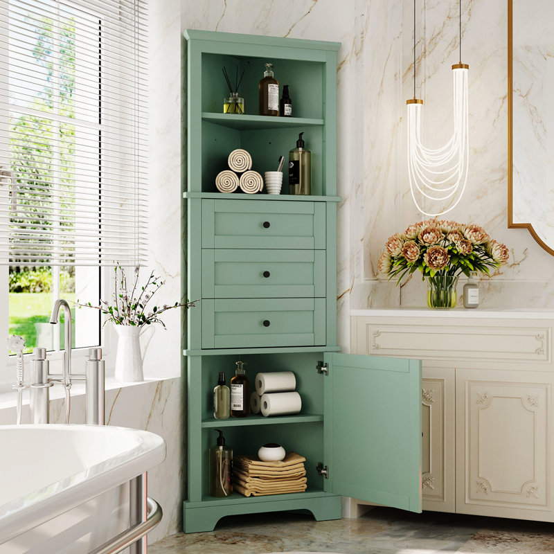 Armoire triangulaire avec 3 tiroirs et tablette réglable pour la salle de bain et le rangement de la cuisine, Vert