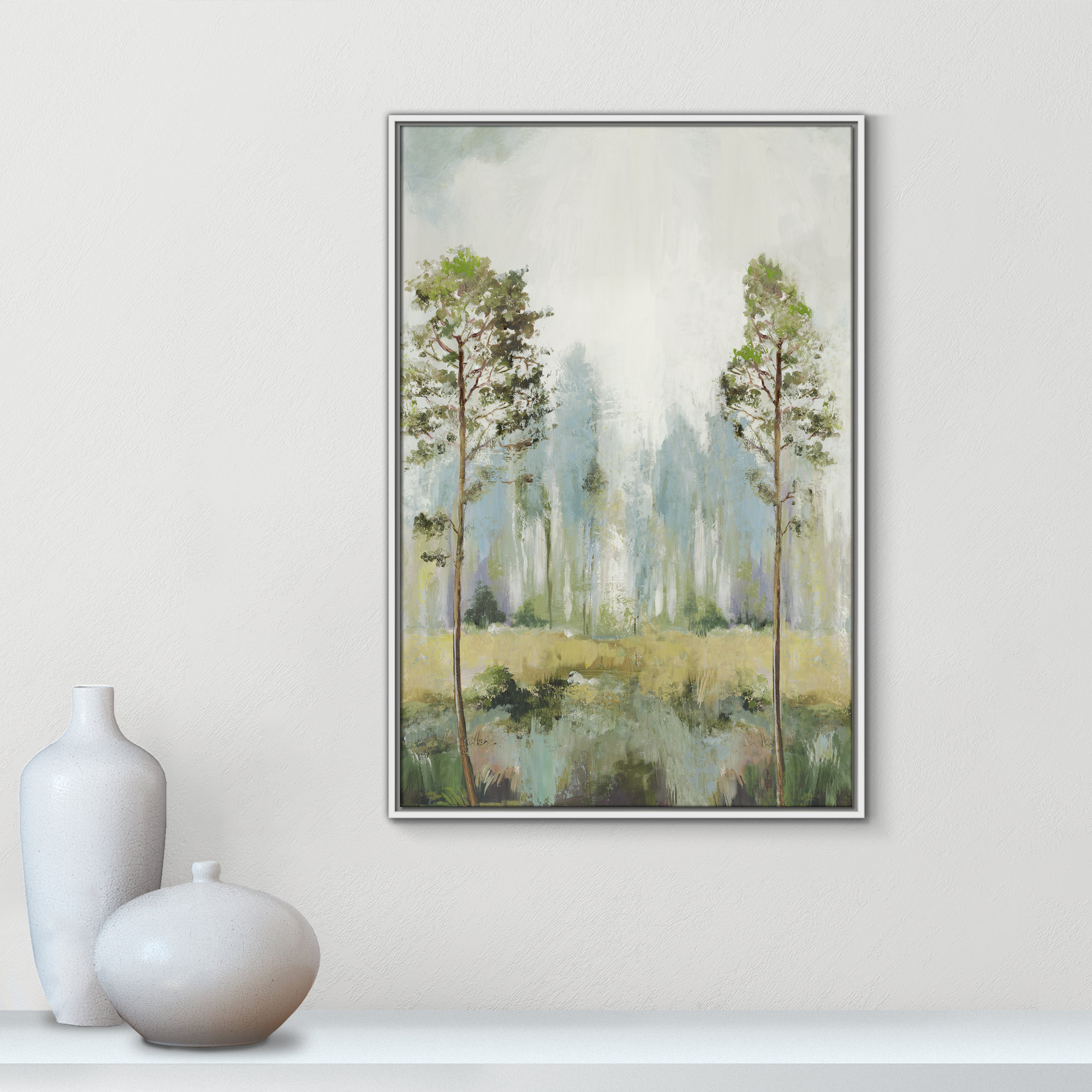 Tall Green Trees II by Teton Pearce - Floater Frame Print on Canvas, 37.5" H x 25.5" W, White