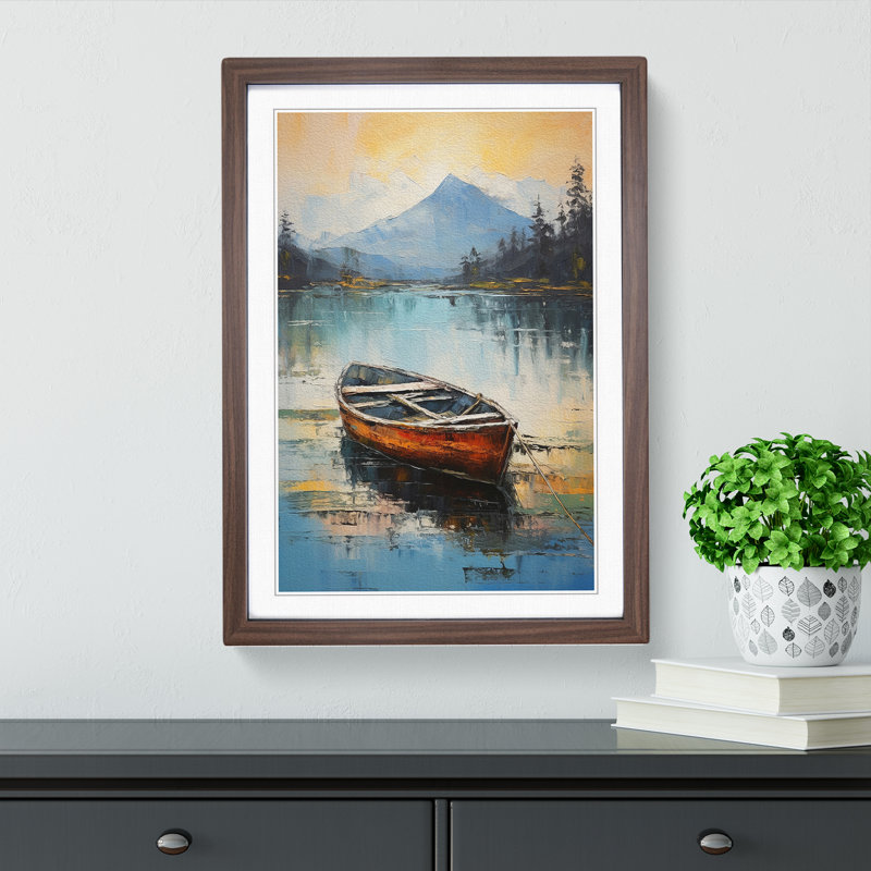 Boat on a Lake Gestural Art - Framed Print, Walnut Framed, 46cm H x 34cm W x 2cm D