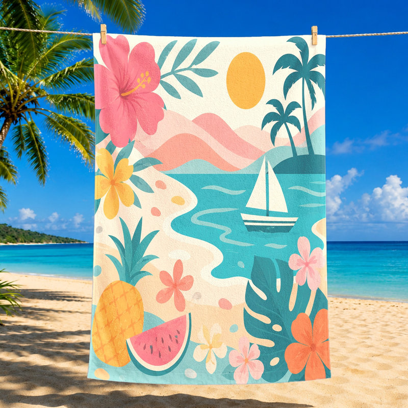 Serviette de plage tropicale 1PCS, imprimé estival vibrant, avec palmiers, ananas et voilier, parfaite pour la piscine, les voyages, avec une vue panoramique sur la mer.