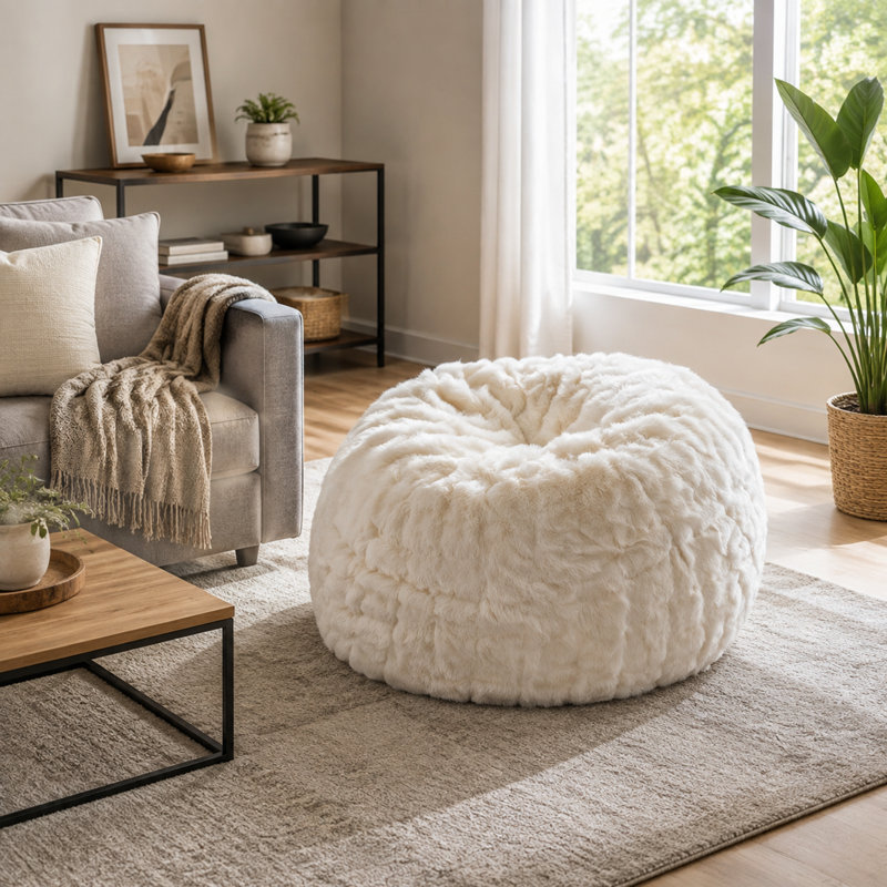 Pouf Amori moderne de 90 cm en fausse fourrure blanche