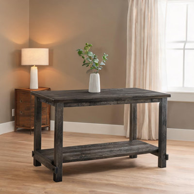 Table rectangulaire à hauteur de comptoir avec tablette de rangement, 6 places, placage de chêne, finition gris ardoise, 60 x 30 x 36 pouces, fabrication en bois massif