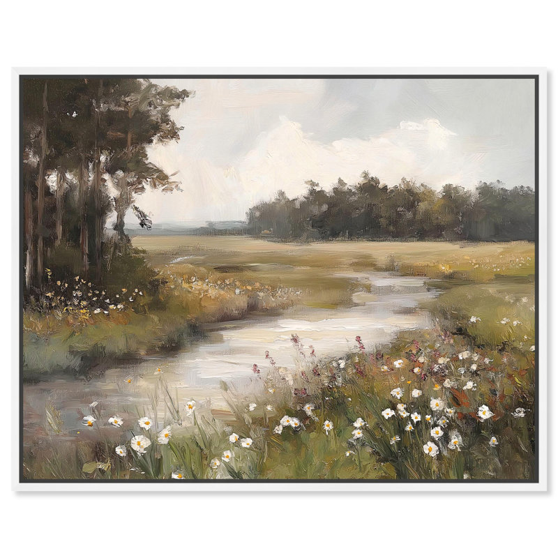 Art, paysage de campagne, toile, arbres et feuillage, H 31 po x l 37 po, Cadre flottant blanc