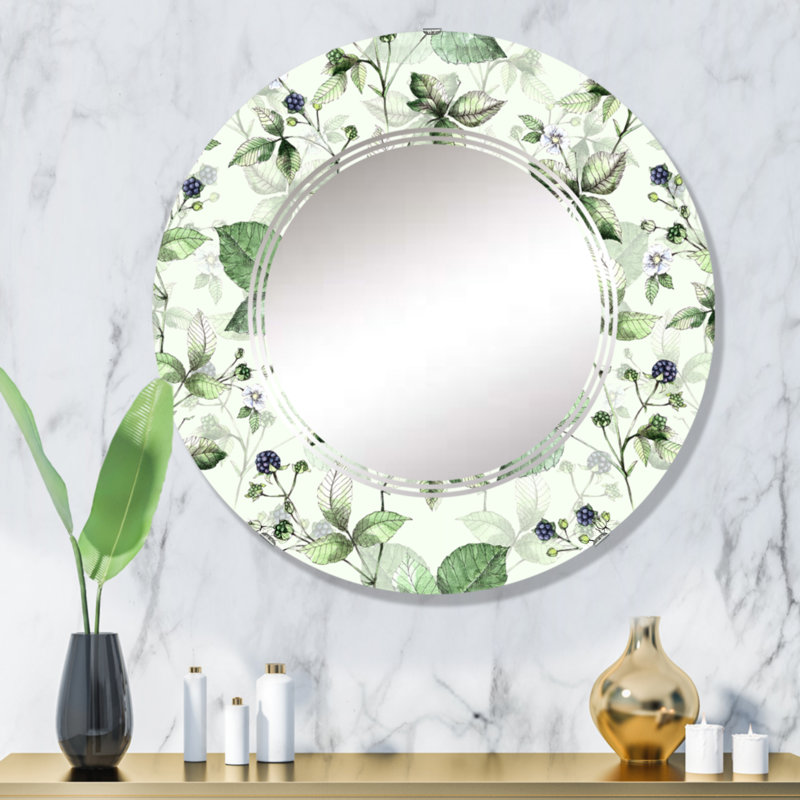Fleurs avec baie et mûre sur miroir blanc, 32 po x 32 po