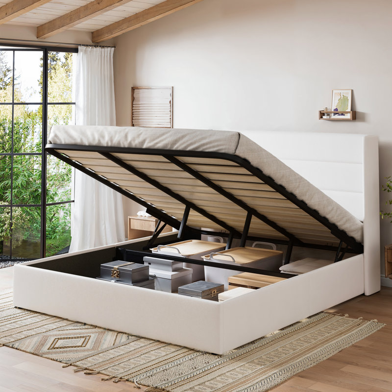 Lit plateforme tapissier hydraulique avec rangement relevable, Blanc, Très grand
