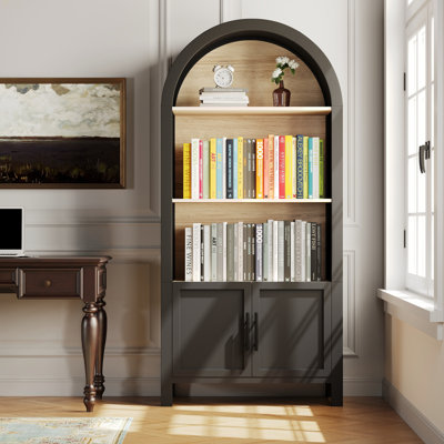 Bibliothèque arquée de 66,70 pouces de hauteur avec rangement, armoire de style Mid-Century moderne à 3 niveaux avec porte, bibliothèque arquée avec tablette de rangement ouverte pour le salon de la salle à manger de bureau (noir)