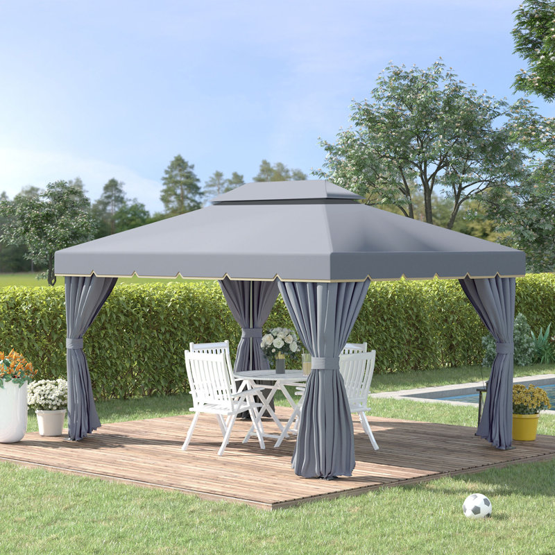 3 X 4m Aluminium Gazebo, Two-tier Pa Coated Canopy Pavilion With Privacy Curtains And Insect Netting, Powder Coated Aluminium Frame, Outdoor Marquee Shelter For Garden Deck Patio, Grey