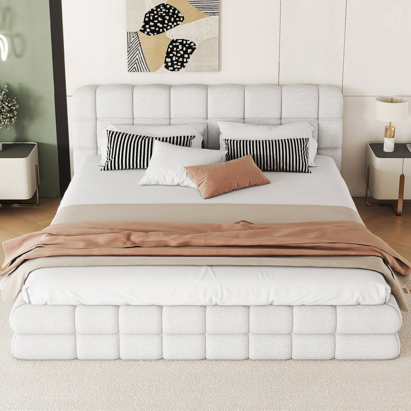 Lit plateforme tapissier avec tissu en velours et coutures, Blanc