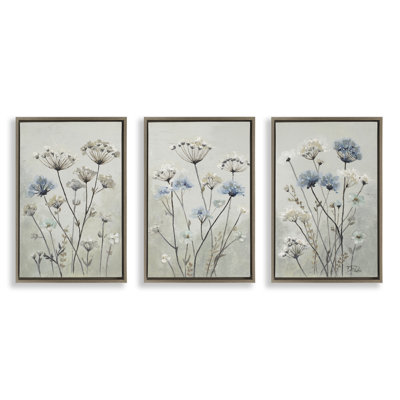 Ensemble de toiles flottantes encadrées dorées 3 pièces avec pissenlits discrets et fleurs sauvages, design par Patricia Pinto