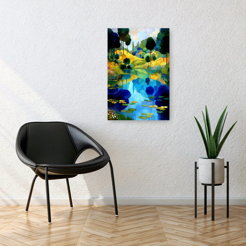 «Vibrant Lake Reflections Colorful Peaceful Serene Lily Landscape Nature», art mural, H 36 po x l 24 po