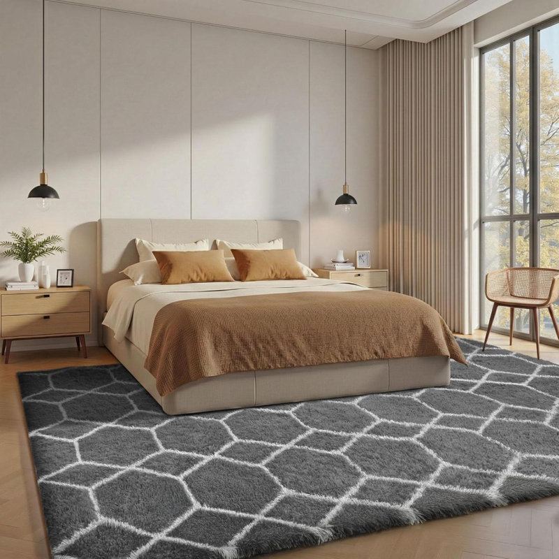Rectangle Shaggy Washable Area Rug, Grey;White, Rectangle 140 x 200 cm