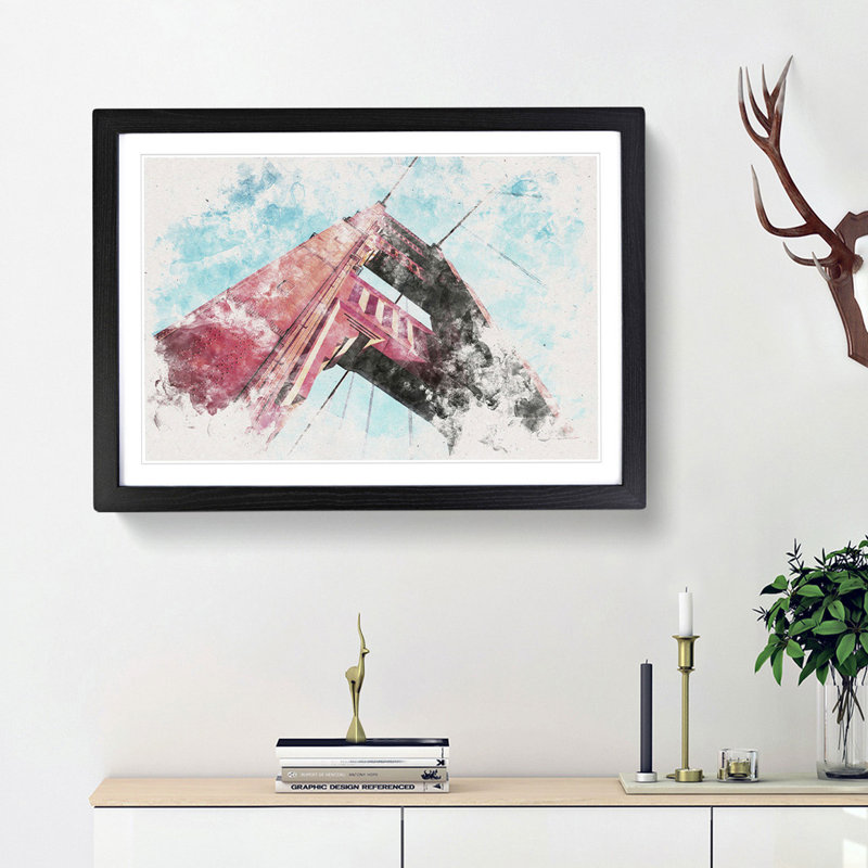 View Of The Golden Gate Bridge In San Francisco Watercolour - Framed Print, 33cm H x 45cm W x 2cm D, Black