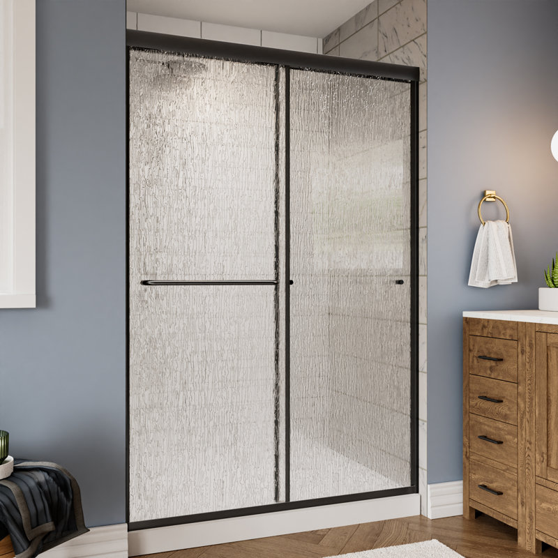Porte de douche coulissante double encadrée de 44 à 48 po x H 70 po avec verre texturé certifié, Noir mat