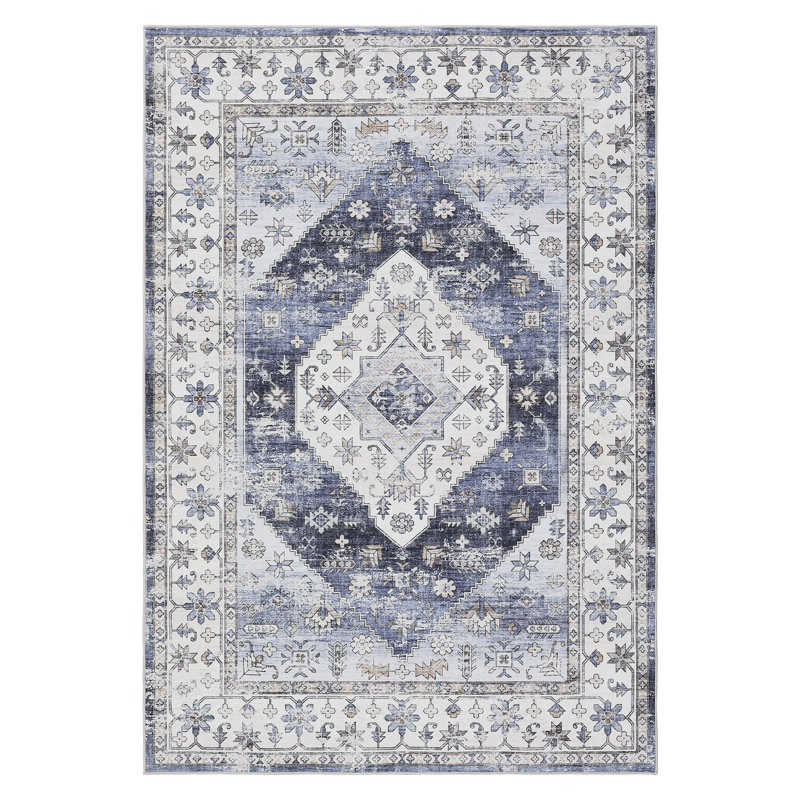 Oriental Machine Washable Area Rug with Rubber Backing for Living Room Non-Slip Indoor Carpet Low-Pile Rug for Bedroom Dining Room Hallway Kitchen Office Playroom Nursery