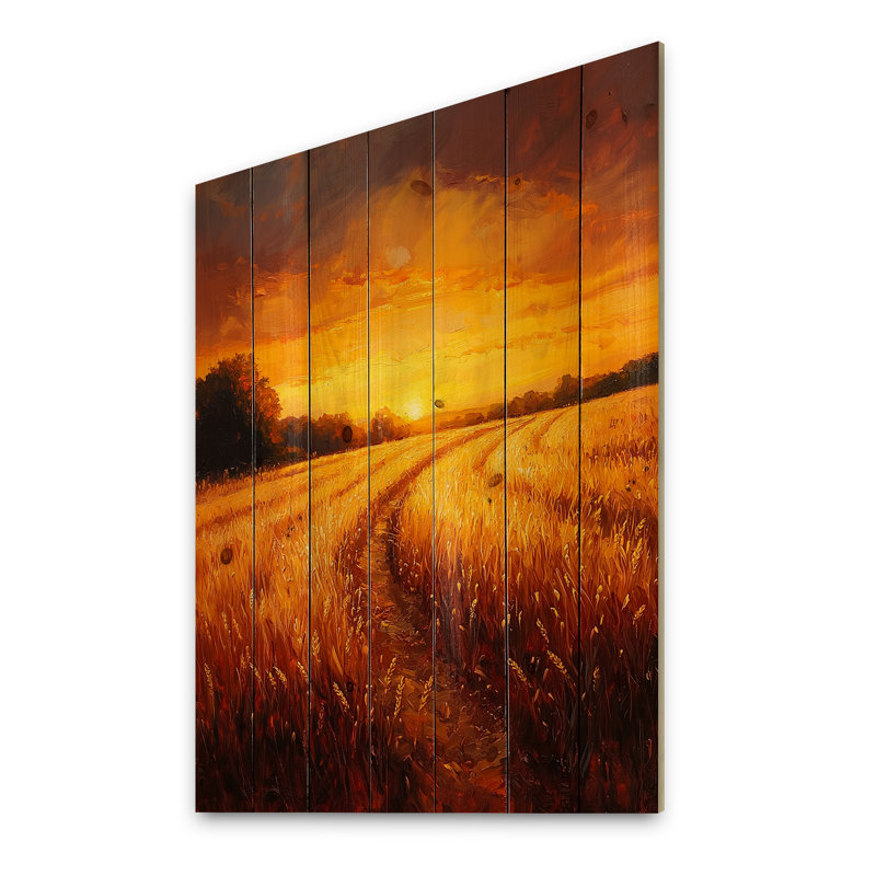 «Countryside Golden Fields At Sunset II» - Décoration murale campagne en bois - sur bois de pin naturel