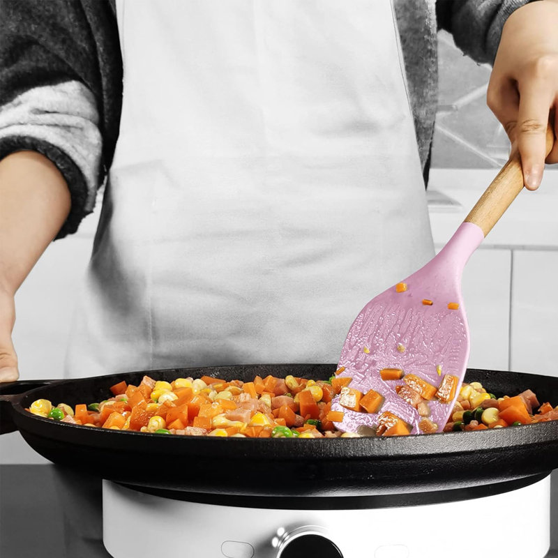 Ensemble de 14 ustensiles de cuisine en silicone, manches en bois, antiadhésifs, résistants à la chaleur, sans BPA.