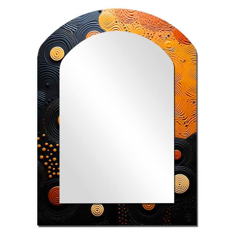 Tribu africain, motifs sacrés IV - décor de miroir mural unique arche tribale africaine, grand miroir asymétrique orange, impression d'art en métal