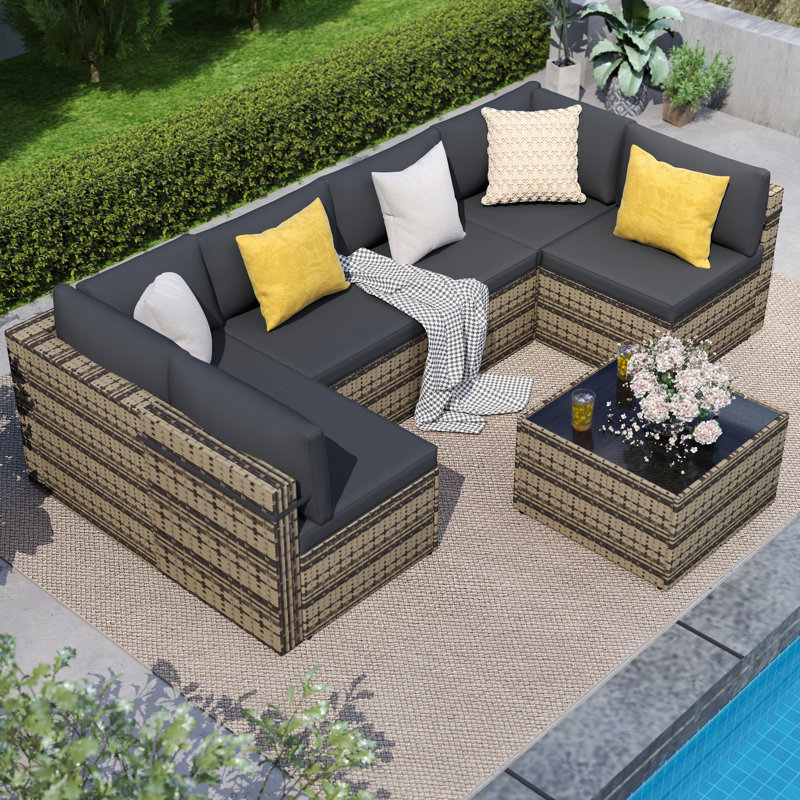 Arwynn 6 - Person Patio Conversation Set with Cushions, Brown, Beige