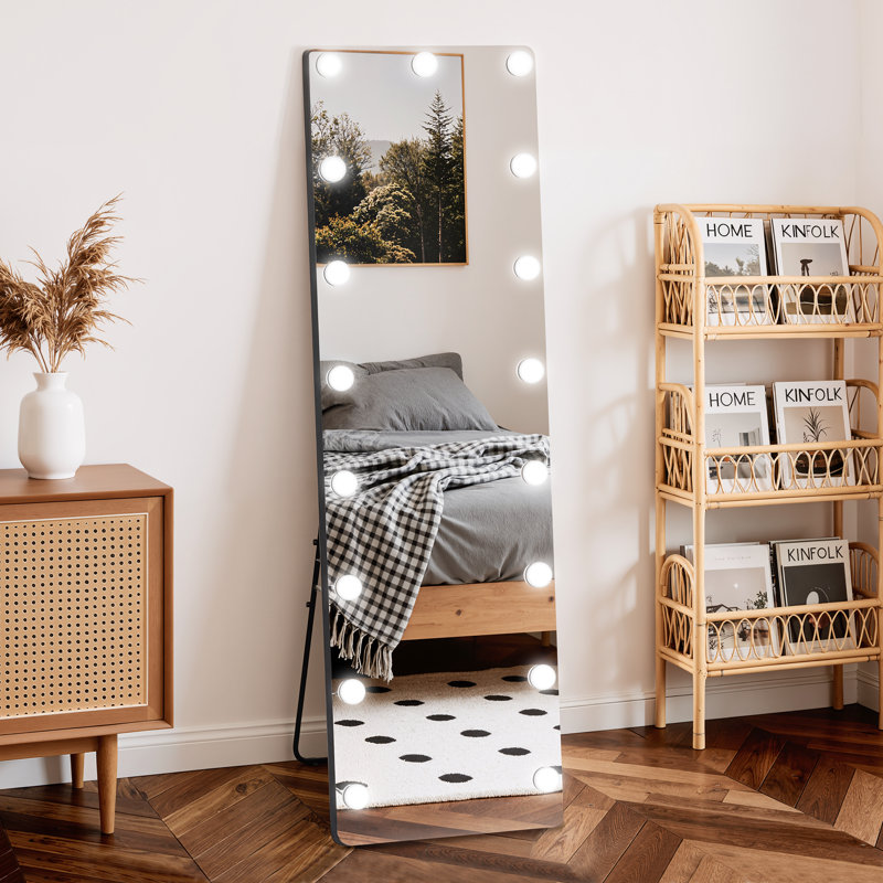 Hollywood Style Full Length LED Mirror – Tempered Glass, Exposed Bulb Front Light, 3 Color Modes, Includes Stand, 56"  x 18" 