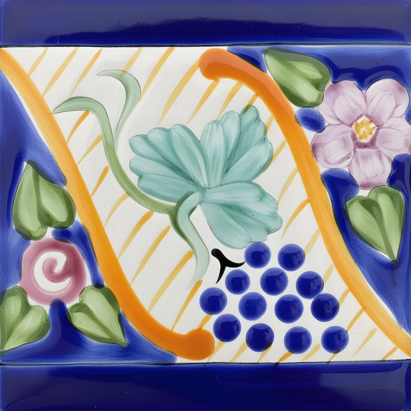Carreau de céramique décoratif bleu méditerranéen à bordure florale 6 po x 6 po