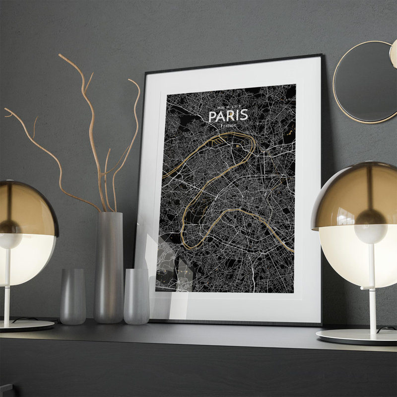 Carte de Paris, impression nautique, H 17 po x l 11 po x P 0,05 po, Noir et or