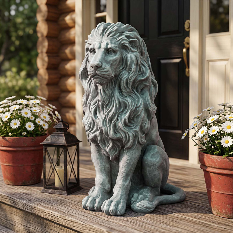 Statue de lion assis en oxyde de magnésium, résistante aux intempéries et finement détaillée, pour la décoration de jardin extérieur.