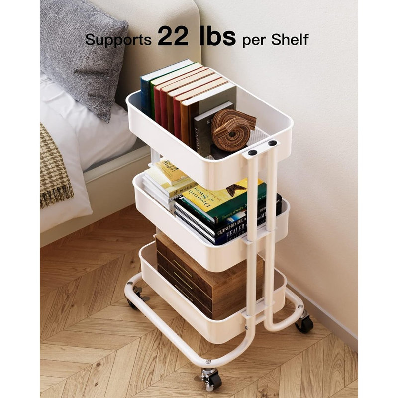 Chariot utilitaire roulant en métal robuste à 3 niveaux avec tablettes en filet, chariot de rangement avec roues verrouillables pour la cuisine, la salle à manger ou le salon - blanc