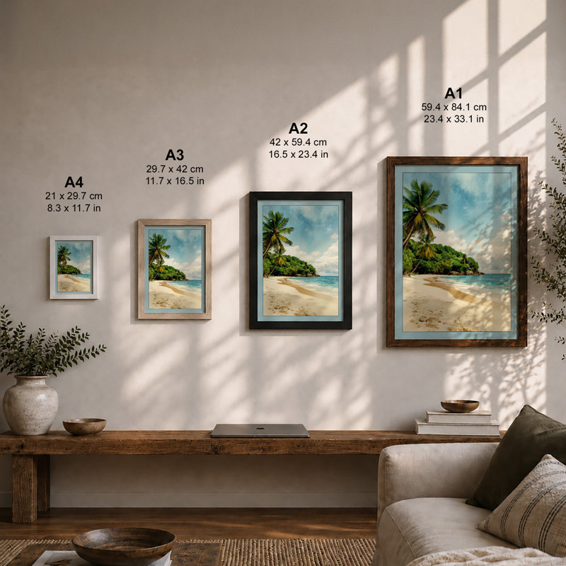 Tropical Beach Shoreline Coastal - Framed Print, A2 - 59.4 x 42.0 cm, Walnut
