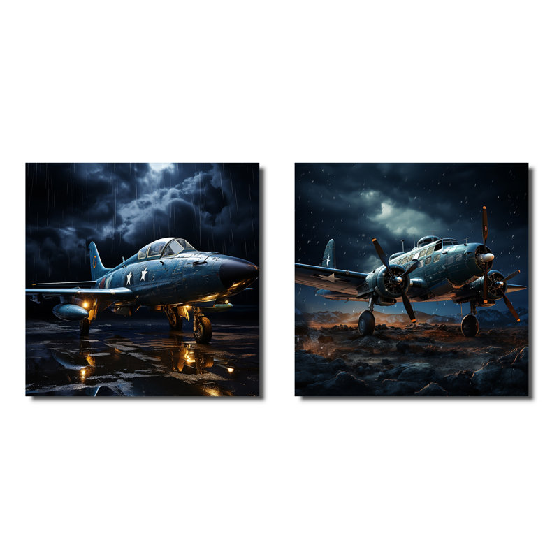 Avion militaire - Blue Thundering Skies - Ensemble de 2 carrés de collage militaire, Toile tendue, H 30 po x l 61 po