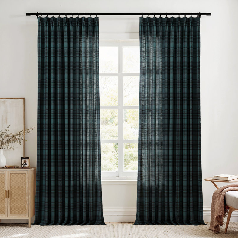 TWOPAGES Unlined Plaid Curtain Gingham Faux Linen Pinch Pleat Curtain, Midnight, 26" W x 84" L