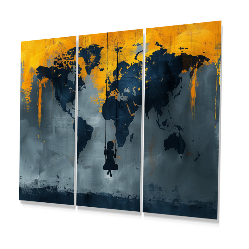 Jaune, jaune, carte du monde, aire de jeux Silhouette III - carte du monde, ensemble de salon d'art mural