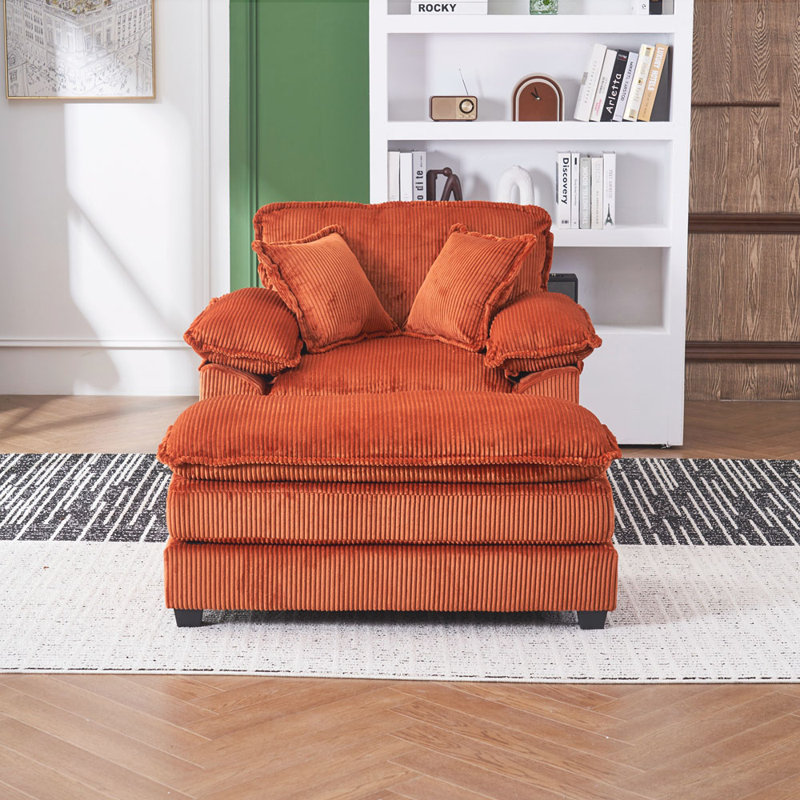Fauteuil et repose-pieds de 56,3 po de large Schade, Velours côtelé orange