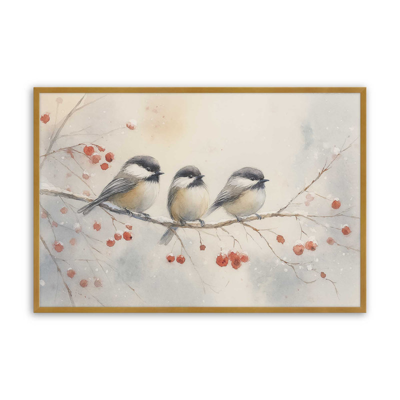 «Three Winter Songbirds», reproduction d'art, Or poli, 18 po x 24 po
