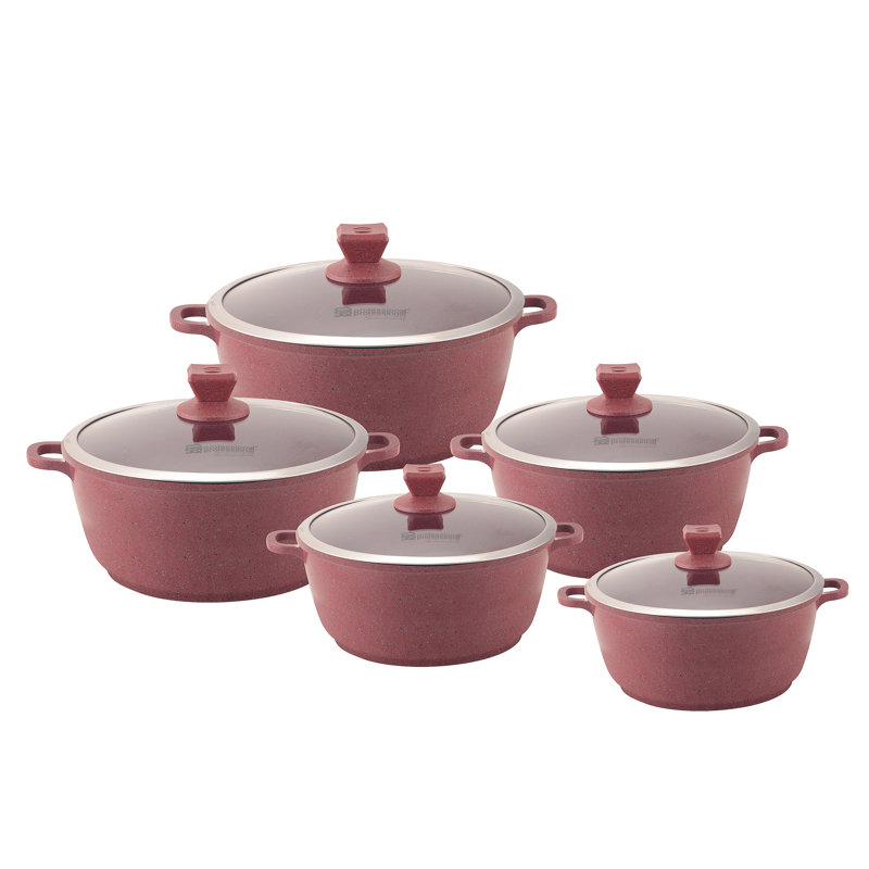 SQ Professional Nea Marbell 5-Piece Non-Stick Aluminium Cookware Set- Induction Ready, Rossa (Red)