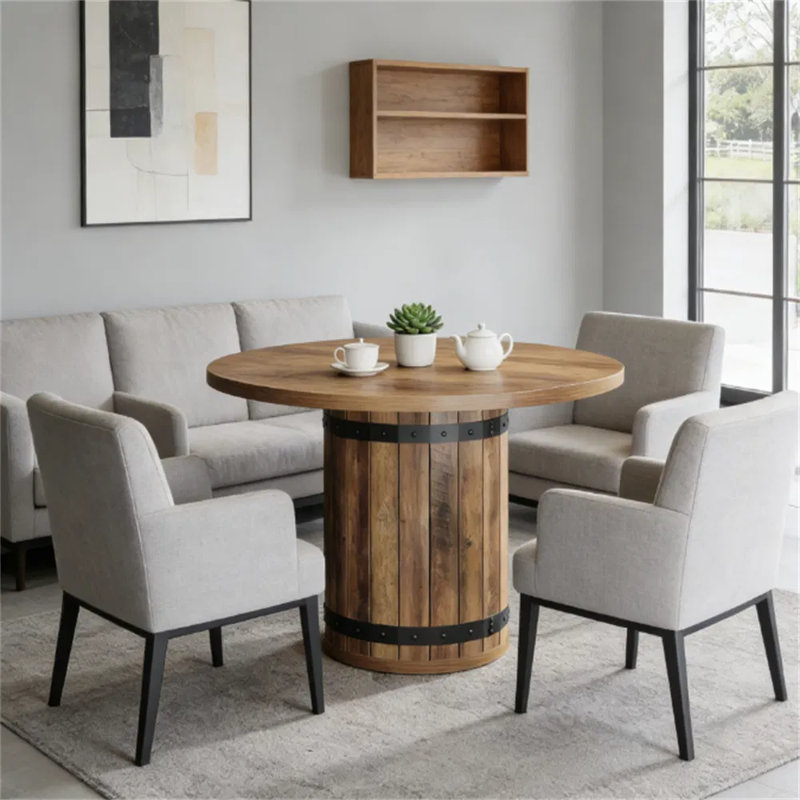 Table de salle à manger ronde de style campagnard de 100 cm (39,37 po), table de cuisine rustique avec pied central en forme de tonneau pouvant accueillir jusqu'à 4 personnes