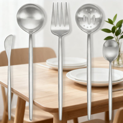 Ensemble d'ustensiles de service professionnel mat 5 pièces, couverts en acier inoxydable pour la réception de buffet, comprend de grandes cuillères, une fourchette, une cuillère à sucre et un couteau à beurre, va au lave-vaisselle