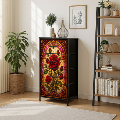 4 Drawer Vertical Storage Dresser Ornate Stained Glass Window Red Roses Gold Accents with Wood Top Fabric Pull Drawers