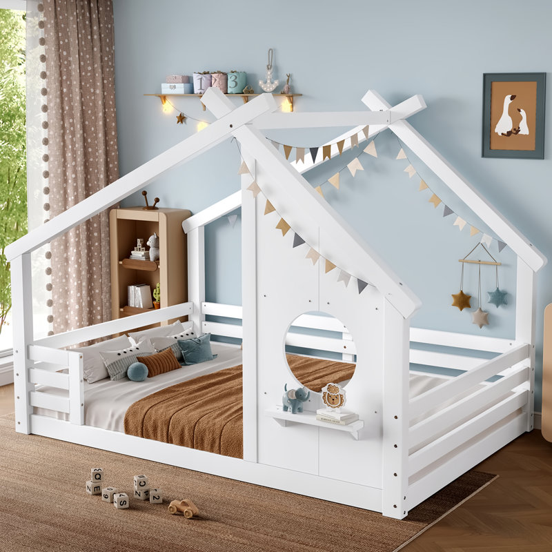 Lit de plancher en bois massif avec toit en forme de maison, fenêtre et petite tablette, aucun sommier nécessaire, Lit double