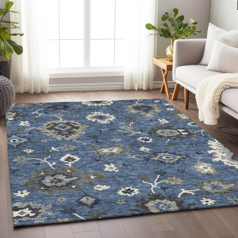 Premium Machine Washable Prisco Blue Rug, Rectangle 3' x 5'
