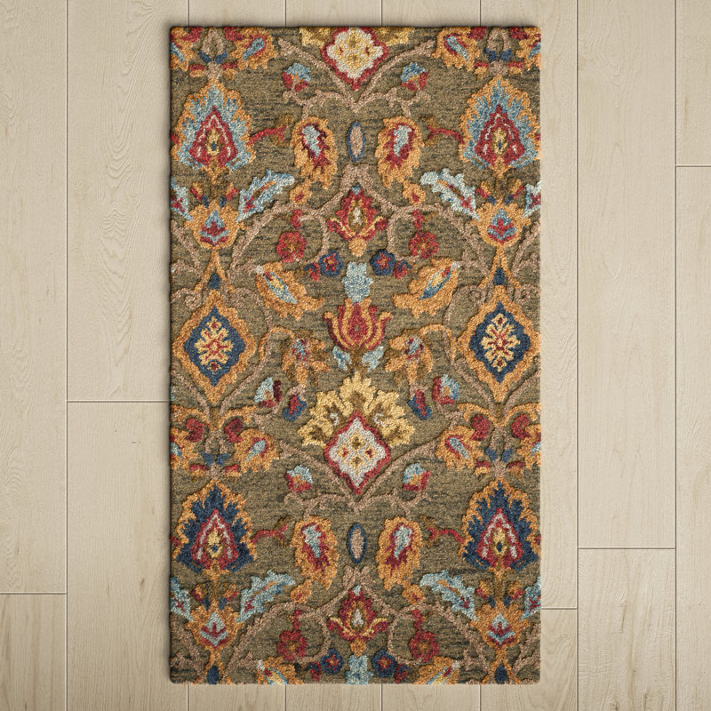 Floral Wool Hand Tufted Area Rug, Rectangle 69 x 122 cm, Green/Brown