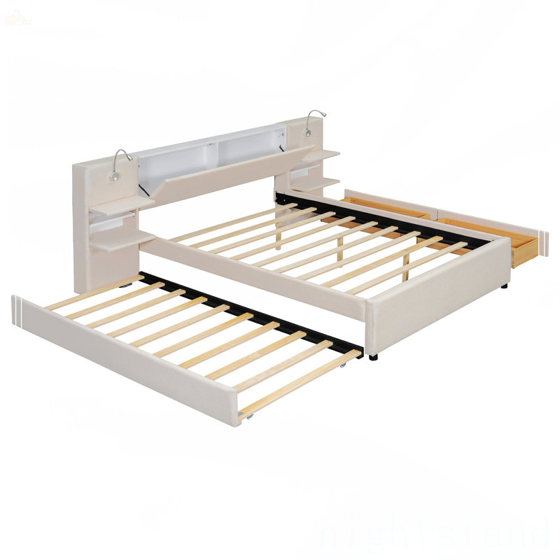 Grand lit plateforme tapissier avec lumières de lecture