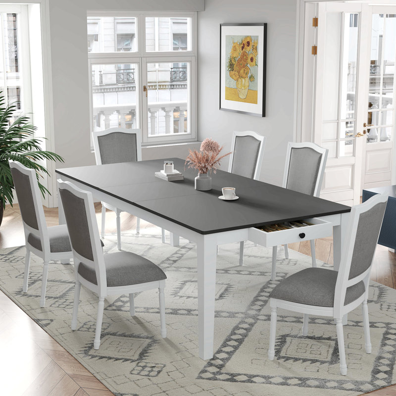 Rustic And Functional 7-Piece Extendable Dining Table Set With Removable Leaf, Upholstered Chairs, And Built-In Drawers For Family Gatherings And Entertaining
