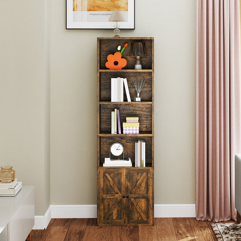 Tall Storage Bookcase With Doors, Freestanding Display Shelf For Living Room, Bedroom Or Office, Brown