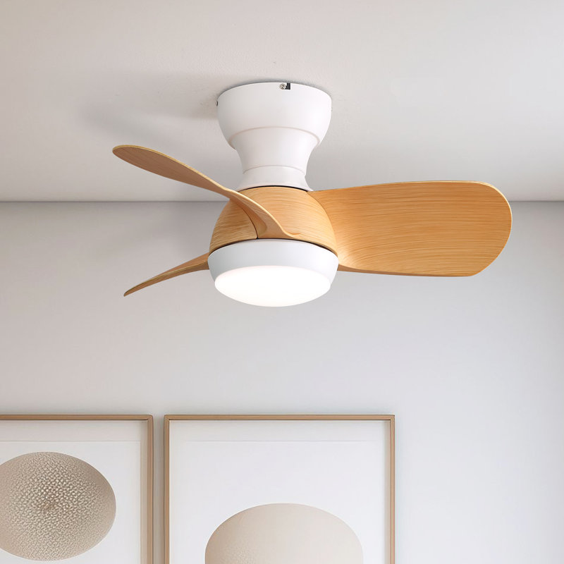 23" 3-blade Modern Flush Mount Ceiling Fan With Remote Control And Light Kit Included, Natural Wood