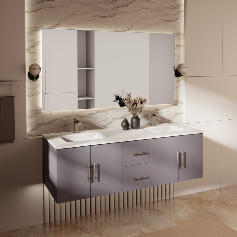 Ensemble de meuble-lavabo double mural 60 "Geneva, Gris foncé, Quartz blanc