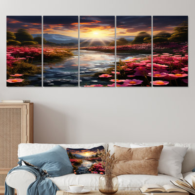 Glorious Sunset, rose, fleur de rivière, art mural sur toile de lotus, 5 pièces