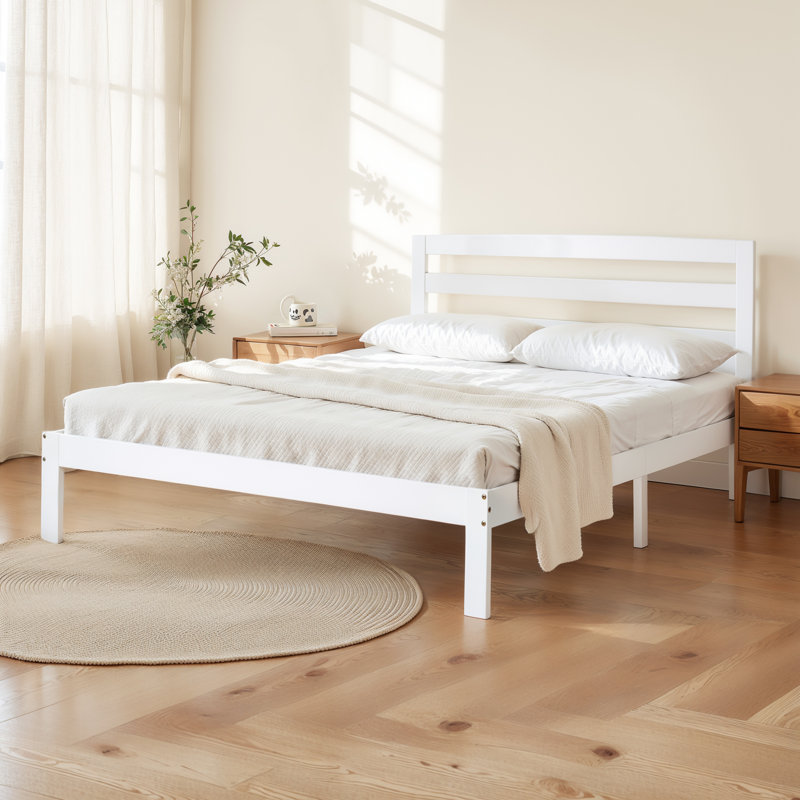12 Inch Solid Wood Platform Bed Frame with Headboard, No Box Spring Needed and Easy Assembly, White, King