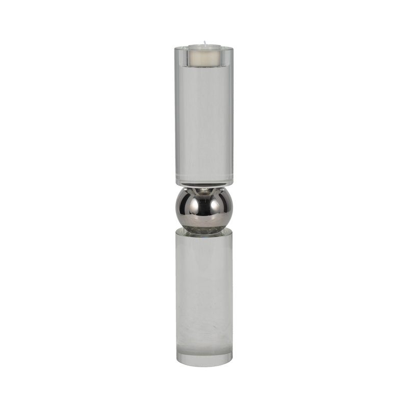 Modern Glass Cylinder Taper Candle Holder for Tabletop Decor - Decorative Sculptural Candlestick Holder for Entryway or Living Room Accent - Silver