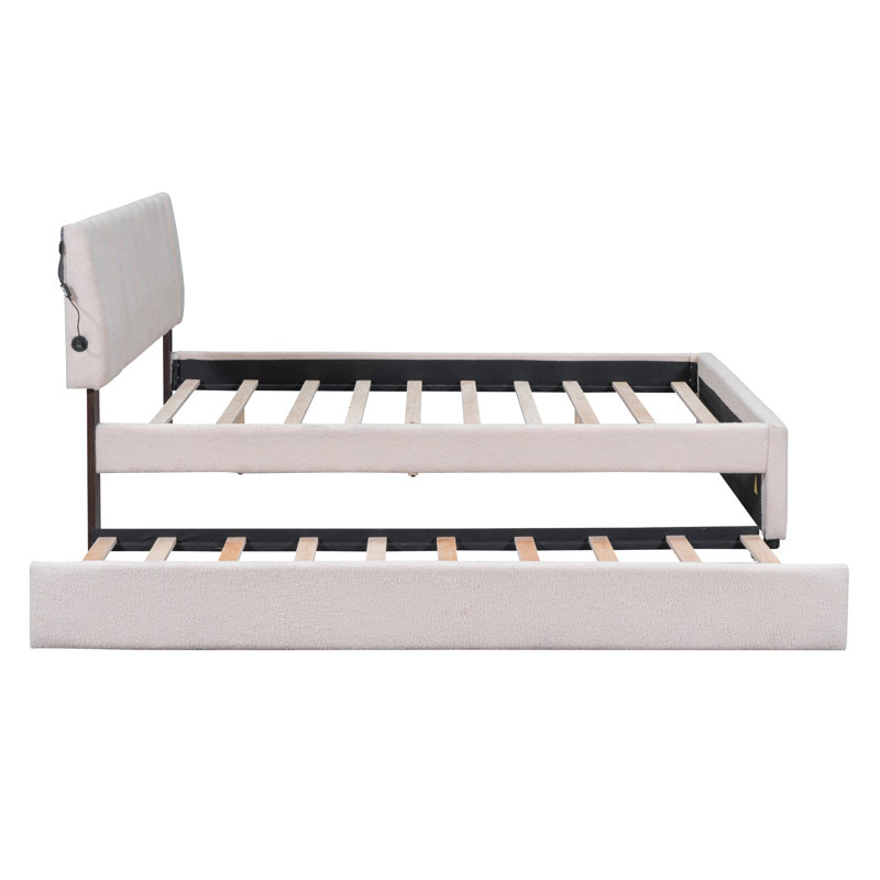 Lit plateforme tapissier Sable Teddy, Beige, Grand lit