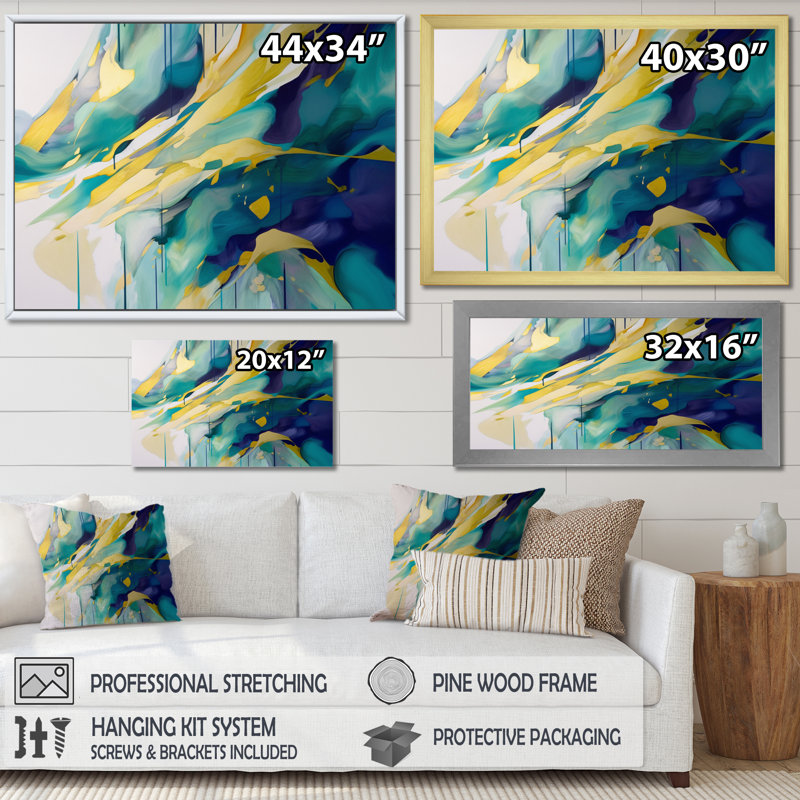 Impression sur toile, or et turquoise, ordre complexe I, Cadre flottant noir, H 12 po x l 20 po x P 1 po